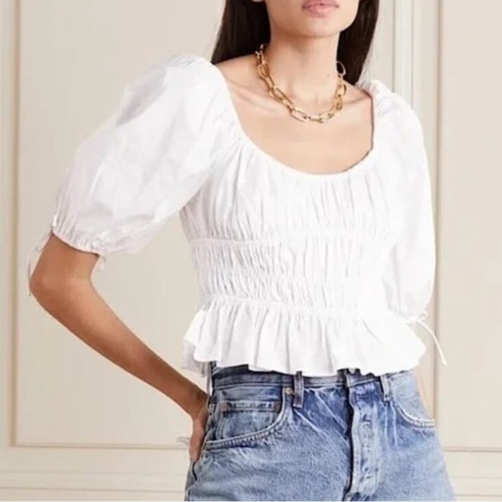 Staud Faye Gathered Puff-Sleeve Top